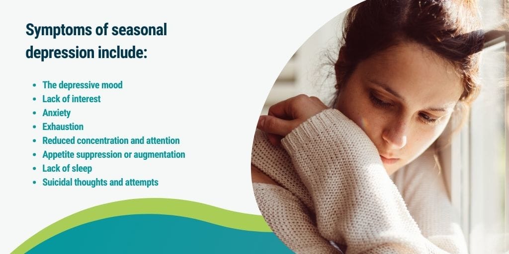 Picture of woman with list of symptoms of seasonal depression: Holidays and Seasonal Depression: Tips for Coping 