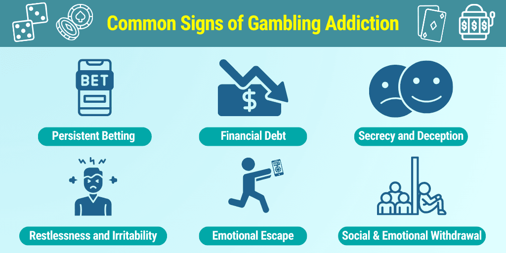 A graphic of the common signs of gambling addiction, being persistent betting, financial debt, secrecy and deception, restlessness and irritability, emotional escape, an d social and emotional withdrawal. Recognizing these symptoms allow you to overcome gambling addiction.